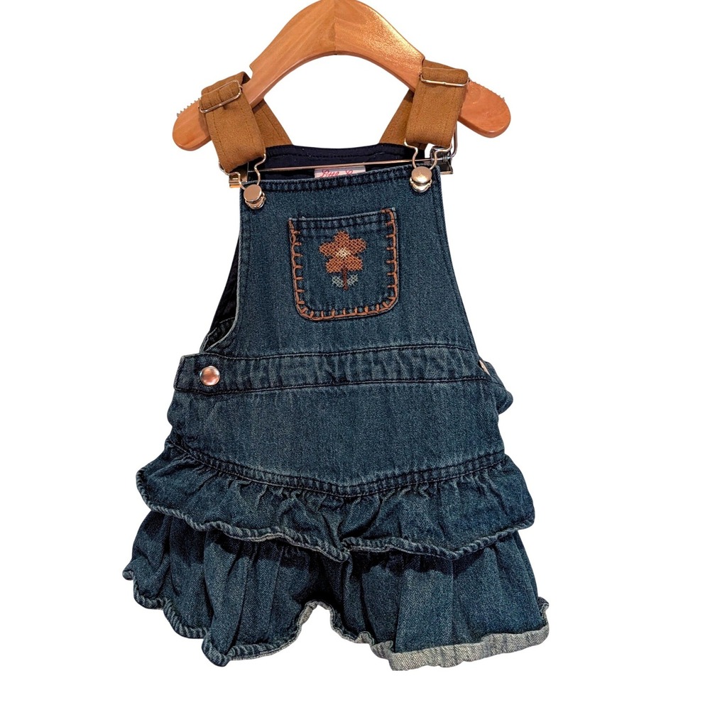 Little Lass Baby Western Denim Ruffle Overall Dress Flower Embroidery Blue 18M